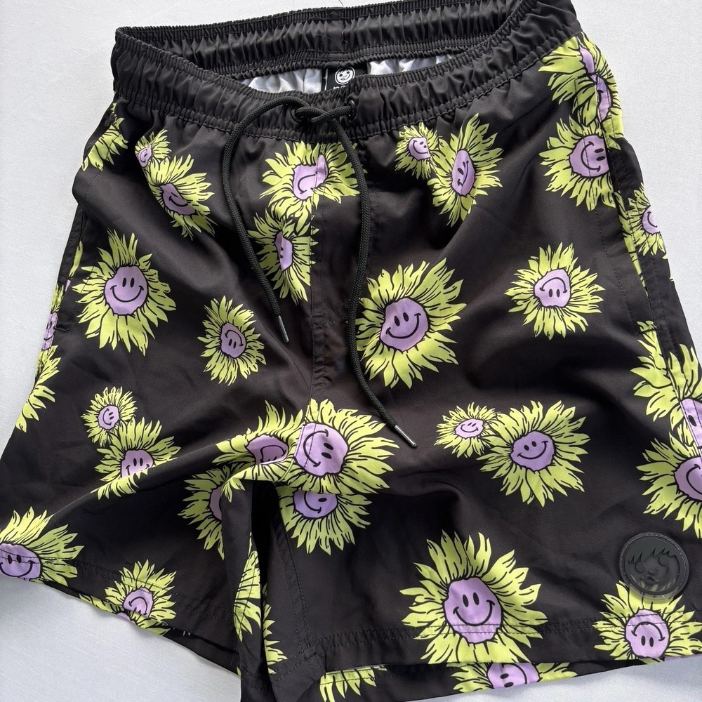 Neff Men's Medium Swim Trunks Black Sunflower Smiley Face‎ Board Shorts Funny